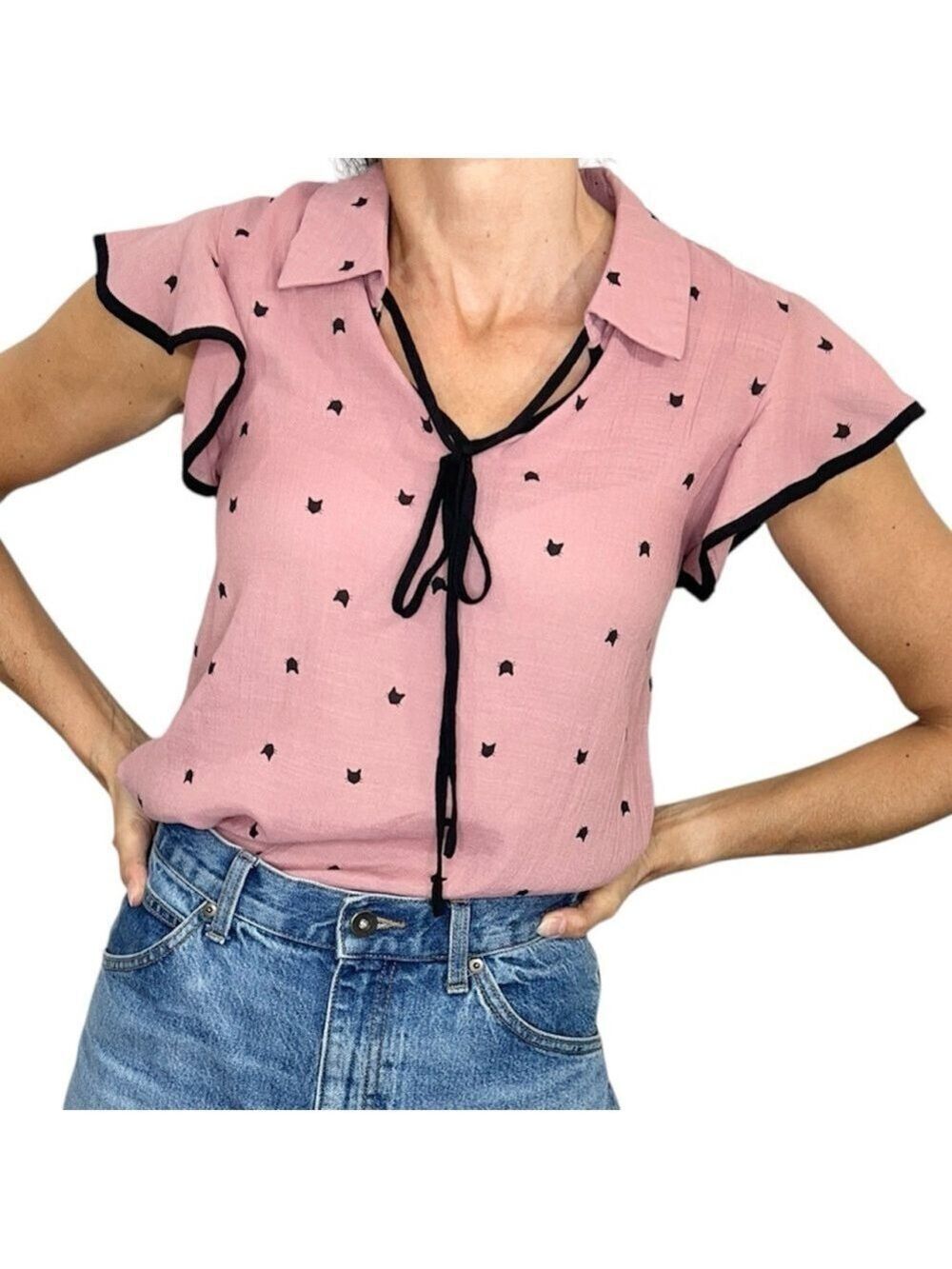 Sweet Wanderer rose pink black cat print tie neck ruffle sleeve top blouse S